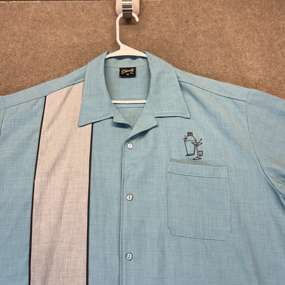 Steady Bowling Shirt Men's 2XL Short Sleeve Button Up Camp Martini Pocket Stripe